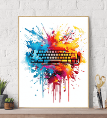 Vibrant Creative Splash Keyboard White Canvas Wall Art Print