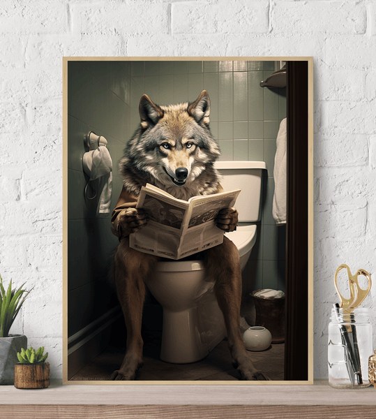 Wolf on Toilet Humor Canvas Wall Art print